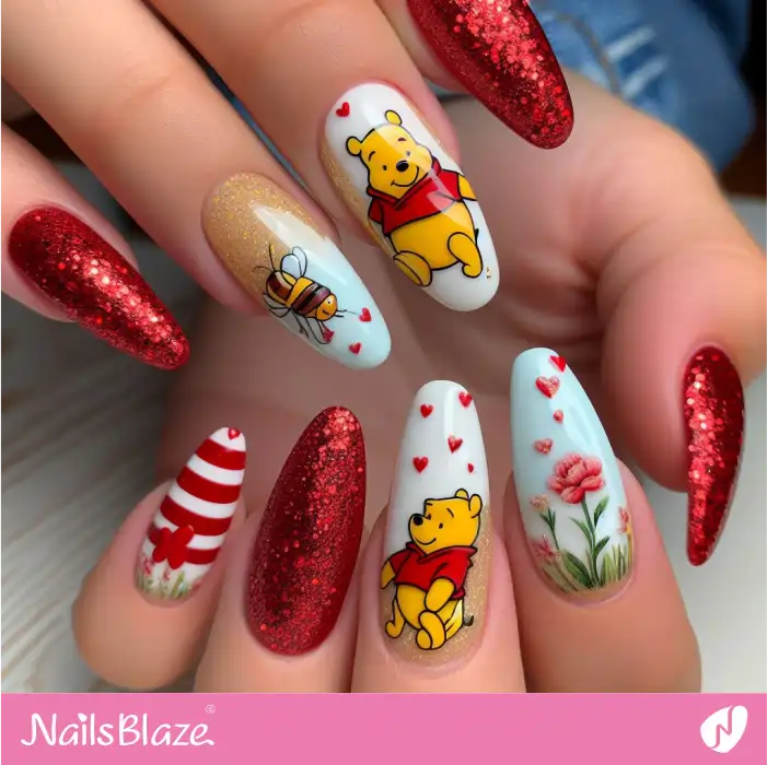 Red Glitter Winnie the Pooh Nail Design | Cartoon Nails - NB1691